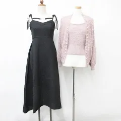 グレイル GRL アプレジュール apres jour アンサンブルニット キャミワンピース 2点セット 長袖 羽織 パール キャミ ロング フレアー チャーム ツィード ピンク 黒 ブラック F