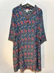 インド製　ロングワンピース　Lサイズ　藍色系　花柄　右ポケットあり