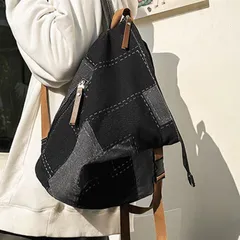 ブラック デニム パッチワーク風 リュックサック ハンドメイド風 おしゃれ