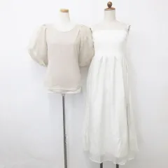 ジュノア JUNOAH ランダ RANDA キャミワンピース カットソー 2枚セット ロング アシメトリーストラップ 異素材切替 シアー ボリューム袖 五分袖 アイボリー ベージュ M F