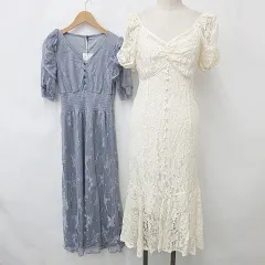 グレイル GRL ワンピース 2枚セット ロング Vネック 半袖 総レース シャーリング フリル フレアー アイボリー グレー S