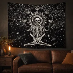 【ヴィンテージ・コズミックスカル タペストリー】 太陽と月の輪廻 アメリカンボヘミアン／ゴシックウォールデコ