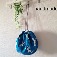 【1点限り】まんまる巾着　ショルダーバッグ　ブルー馬　ハンドメイド　アフリカンプリント　アフリカ布
