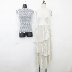 グレイル GRL アプレジュール apres jour ワンピース カットソー 2枚セット キャミワンピ ティアード プリーツ ロング丈 リボン サテン 長袖 ハイネック 総レース ベージュ 白 ホワイト F