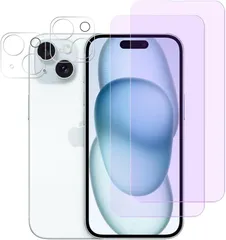 Miitech 【4枚セット】 iPhone 15 Plus 用 ブルーライトカット ガラスフィルム【2枚セット】+ iPhone 15 Plus 用 カメラ保護フィルム 【2枚セット】強化ガラス カメラレンズ保護 カメラ カバー R1220