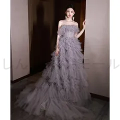 カラードレス ロングドレス プリンセスドレス グレー フリル 結婚式 二次会 発表会 演奏会 ウェディングドレス ウエディングドレス チュー
