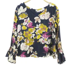 マーキュリーデュオ MERCURYDUO 長袖 ブラウス プルオーバー F 紺系 ネイビー 花柄 Vネック 光沢 袖口フレア