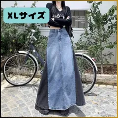 デニム ロングスカート XLサイズ 切り替え 変形 Aライン異素材 韓国 デニムスカート デニムロングスカート