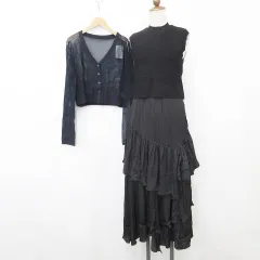 グレイル GRL ワンピース カーディガン 2枚セット セットアップ キャミワンピ ニットベスト ロング丈 ティアード 長袖 リボン 透かし編み 黒 紺 ブラック ネイビー M F