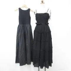 グレイル GRL ワンピース 2枚セット キャミワンピ ノースリーブ 丸首 ロング丈 ティアード 黒 ブラック S