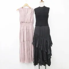 グレイル GRL ワンピース 2枚セット ノースリーブ Vネック ロング丈 セットアップ キャミワンピ ニットベスト ティアード ピンク 黒 ブラック S