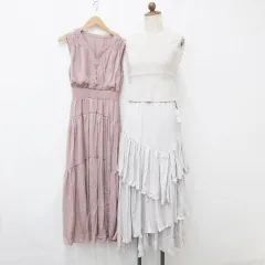 グレイル GRL ワンピース 2枚セット セットアップ キャミワンピ ニットベスト ティアード ノースリーブ Vネック ロング丈 ベージュ ピンク S