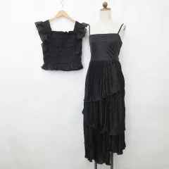 グレイル GRL イング INGNI ワンピース ブラウス 2枚セット キャミワンピ ティアード ロング丈 フレア ノースリーブ スクエアネック フリル 黒 ブラック F M