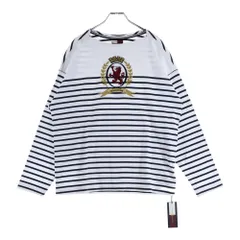 TOMMY HILFIGER (トミーヒルフィガー) エンブレムロゴ刺繍 ボーダー コットン 長袖Tシャツ カットソー ホワイト/ネイビー RE00502