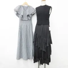 グレイル GRL ワンピース 2枚セット セットアップ キャミワンピ ニットベスト フリル リボン Vネック ロング丈 ティアード チェック柄 黒 白 ブラック ホワイト S