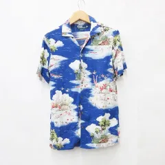 ポロ バイ ラルフローレン Polo by Ralph Lauren シャツ アロハシャツ 半袖 オープンカラー 開襟 総柄 マリン柄 レーヨン 青 白 ブルー ホワイト M