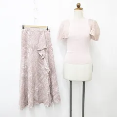 スナイデル SNIDEL ニット スカート 2点セット 半袖 丸首 ボリュームスリーブ フレアー ロング 総柄 フリル スリット ピンク F 0