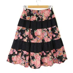 スタイルオペレーション Style operation スカート ティアード 縮絨 ちりめん 和柄 花柄 切替 ミモレ丈 M 黒 ブラック マルチカラー