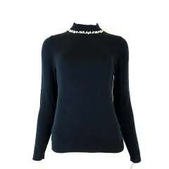 アースミュージック&エコロジー EARTH MUSIC & ECOLOGY ニット セーター パール ビジュー装飾 モックネック 長袖 M 深緑 ダークグリーン