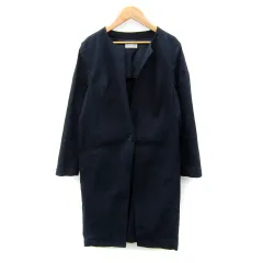 プラステ PLST ノーカラーコート スプリングコート ロング丈 無地 リネン M 紺 ネイビー /SY5