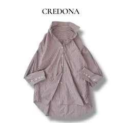 美品 クレドナ ルーズストライプシャツ フリー ラテ ベージュ 定価14278円 CREDONA ロングシャツ オーバーサイズ 綿100% 6J052