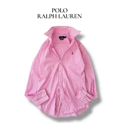 美品 ポロラルフローレン スリムストレッチシャツ 2 S〜M ピンク ストライプ 開襟 ポニー刺繍 ナイロン混 POLO RALPH LAUREN 6J048