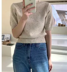 1回着用 ウール 半袖 ニット (ベージュ빛 アイボリー)