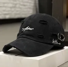 【ブラック】キャップ 帽子 つば付き レディース メンズ ダメージ加工 ヴィンテージ風  ロゴ刺繍 ユニセックス サイズ調整可 カジュアル