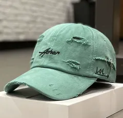 【シアン】キャップ 帽子 つば付き レディース メンズ ダメージ加工 ヴィンテージ風  ロゴ刺繍 ユニセックス サイズ調整可 カジュアル