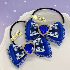 ヘアゴム  ネイビー　ブルー　サテンリボン  チェック　レース　推し色　推し活　メンカラ　センターパーツ