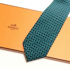 未使用級 エルメス HERMES ネクタイ シルク100% ターコイズ系 / ブラック系 H柄 2512-295