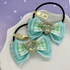 ヘアゴム  グリーン　パステルグリーン　サテンリボン  チェック　レース　推し色　推し活　メンカラ　センターパーツ