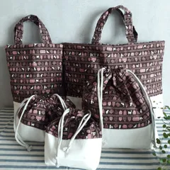 【入学・入園】入園バッグ５点セット：茶色の猫の切替セット【0014】