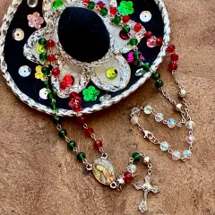 ロザリオ風ネックレス　聖母マリア　シルバートーン＆メキシカンカラー（バンデラ）