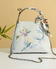 青色　和装バッグ　トートバッグ　着物バッグ　利休バッグ　礼装バッグ花鳥刺繍 和装用バッグ シルバー 口金バッグ 金属ハンドル 成人式 卒業式