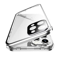 新品 ロック付き 対応 iPhone14 Pro Max ケース フルカバー カメラ保護 ガラスフィルム付き マグネット式 アイフォン14 Pro Max 用 両面 ガラスケース 360度全面保護 アルミバンパー 透明 クリア銀