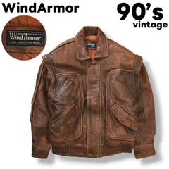 90s ヴィンテージ ウィンドアーマー WindArmor 羊革 ラム レザー ジャケット 革ジャン ジャンパー ブルゾン ジップアップ 比翼 変形 デザイン L相当 ブラウン アメカジ ストリート レトロ メンズ
