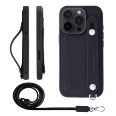 新品 HANATORA for iPhone 16Pro ケース 本革 耐衝撃 背面ベルト ストラップリング スマホケース スマホ スタンド機能 ネックストラップ 付き カードポケット シュリンクレザー ギフト ネイビー CGHGZ-16Pro-Navy