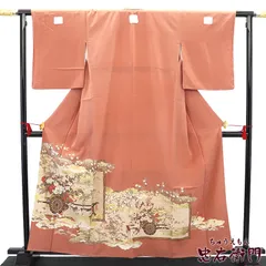 色留袖 留袖 訪問着仕立て 三つ紋 袷 レディース 正絹 茶桃 花車 エ霞 四季の花 丸に剣片喰 身丈164cm 裄丈65.5cm 式典 入学式 卒業式 七五三 フォーマル M～Lサイズ相当