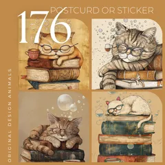 オリジナルデザイン アニマル ポストカード ステッカー マット紙 選べるタイプ 同柄 ハガキサイズ 可愛い 癒し イラスト 紙もの コラージュ 猫 読書 本 メガネ コーヒー ほっこり レトロ 眠り顔 176