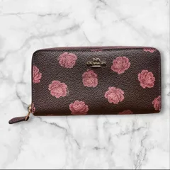 COACHコーチ 花柄 フローラル ラウンドファスナー 長財布 ブラウン ピンク