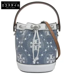 Tory Burch トリーバーチ 美品 キャンバス×レザー Tモノグラム ミニバケット 2WAYショルダーバッグ レディース ブルー×ホワイト 10009171