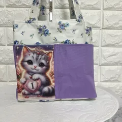 [390]おしゃれ猫ちゃん☆ポケットいっぱいトートバック・持ち手長め