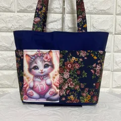 [391]おしゃれ猫ちゃん☆ポケットいっぱいトートバック・持ち手長め