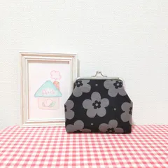 がま口（北欧風＊花柄＊ブラック地✕グレー）