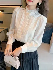 新品⭐︎大きいサイズ☆レディースブラウス白3L⭐︎長袖フレンチエレガント婦人用Yシャツトップスレースステッチ