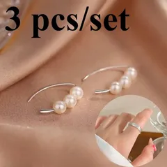 t58 【3粒パール】シルバーカーブピアス｜重ね付け風 上品ミニ