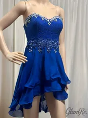 レース×パール&ストーン ビジュー フレアミニドレス／ロイヤルブルー