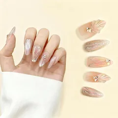 lashidol ネイルチップ ショート ハンドメイド 10枚入り つけ爪 付け爪 中楕円形 ピンク?銀青グラデ 猫目ネイル 手作り シェル風手描き ビジュー 可愛い 夢かわいい つけづめ 簡単セルフネイル Mサイズ (PON-18) 0