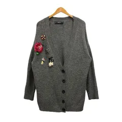 ザラ ZARA KNIT カーディガン 長袖 Vネック ビーズ装飾 6873/129/802/M M グレー マルチカラー レディース